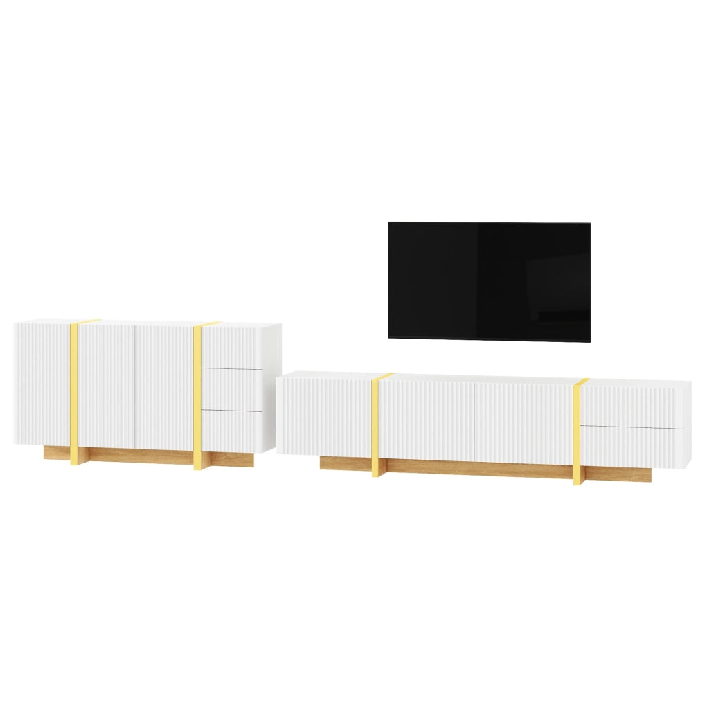Set mobile TV e sideboard bianco con frontali a scanalature