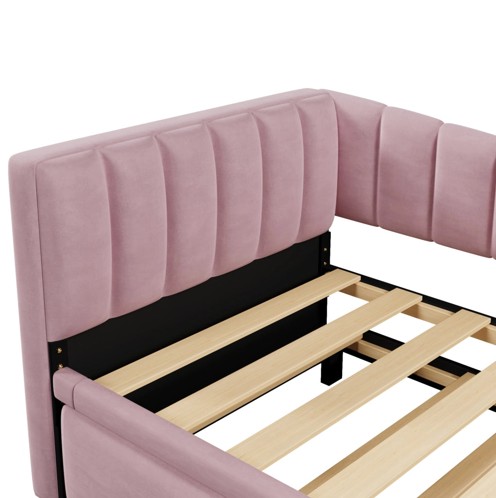Letto daybed imbottito 90x200 cm con letto estraibile, in velluto rosa