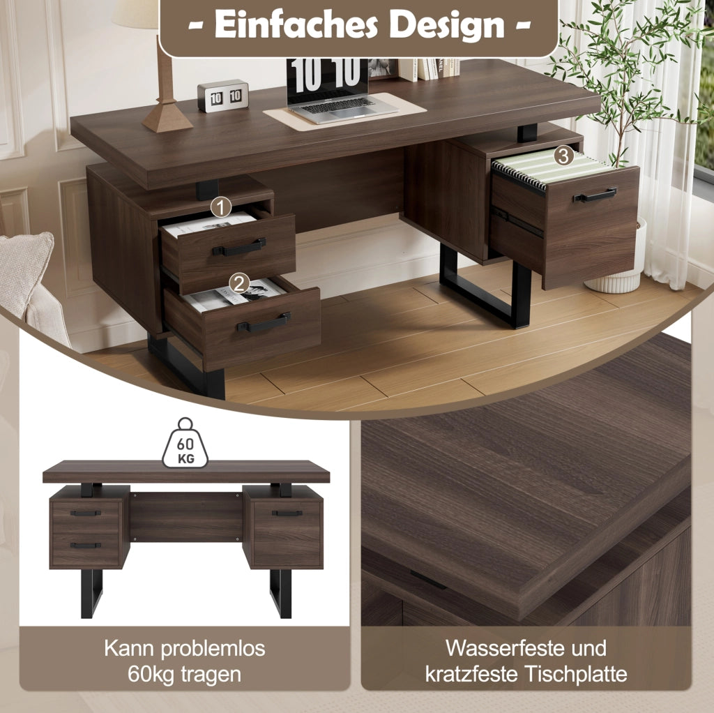 Scrivania da ufficio 135x54 cm con 2 cassetti e vano portadocumenti; MDF marrone