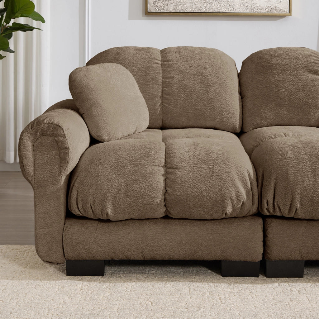 Divano modulare con sedute trapuntate e cuscino in ciniglia marrone 330×86×90 cm