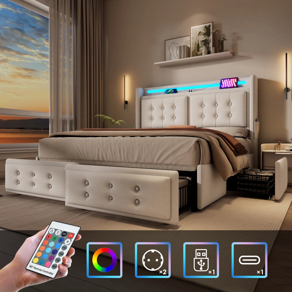 Letto Contenitore 140x200 cm; LED; USB e Type-C; 4 Cassetti; in Cotone e Metallo; Beige