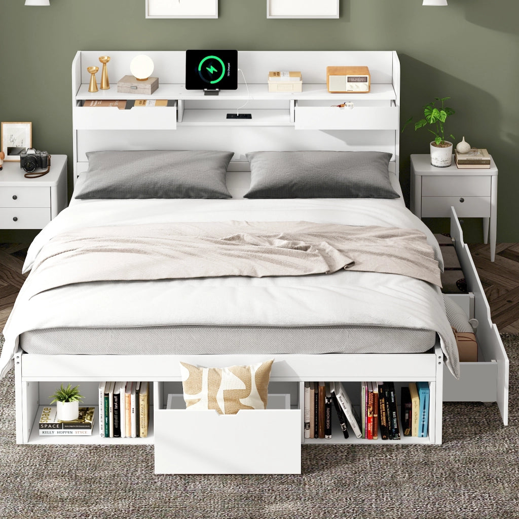Letto Matrimoniale 140x190 cm con USB; Type-C; Ripiani e Cassetti - Bianco