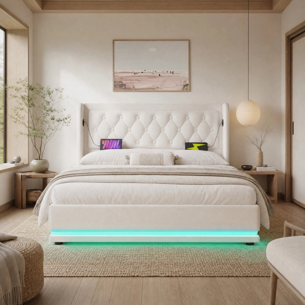 Letto matrimoniale imbottito 140x200 cm con contenitore, USB Type-C e LED