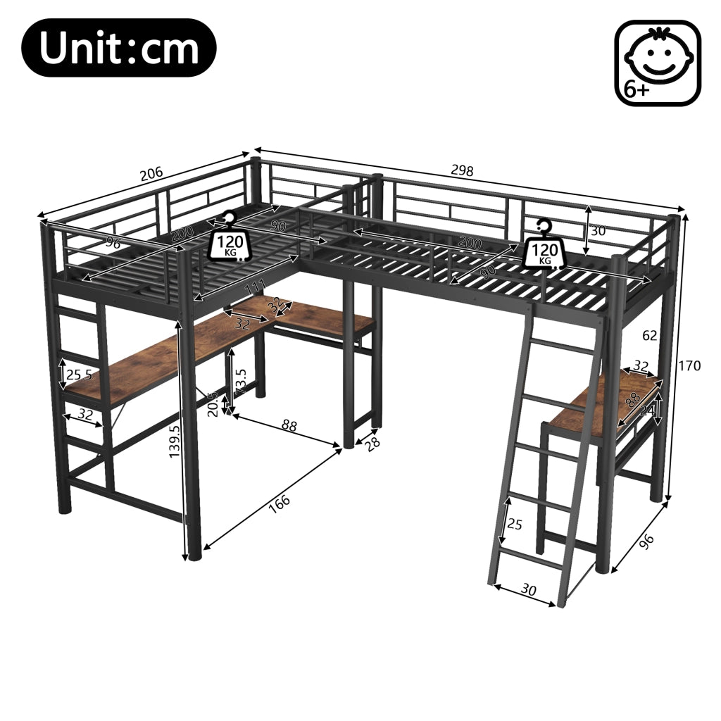 Letto a soppalco 90 × 200 cm con scrivania doppia scala in metallo e MDF nero
