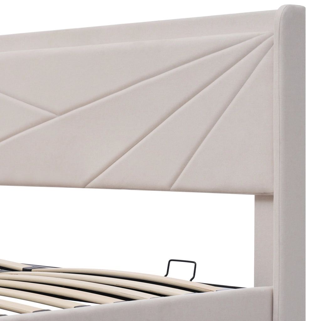 Letto contenitore matrimoniale 140×200 cm con USB; porta di ricarica tipo C e testiera imbottita; senza materasso; beige
