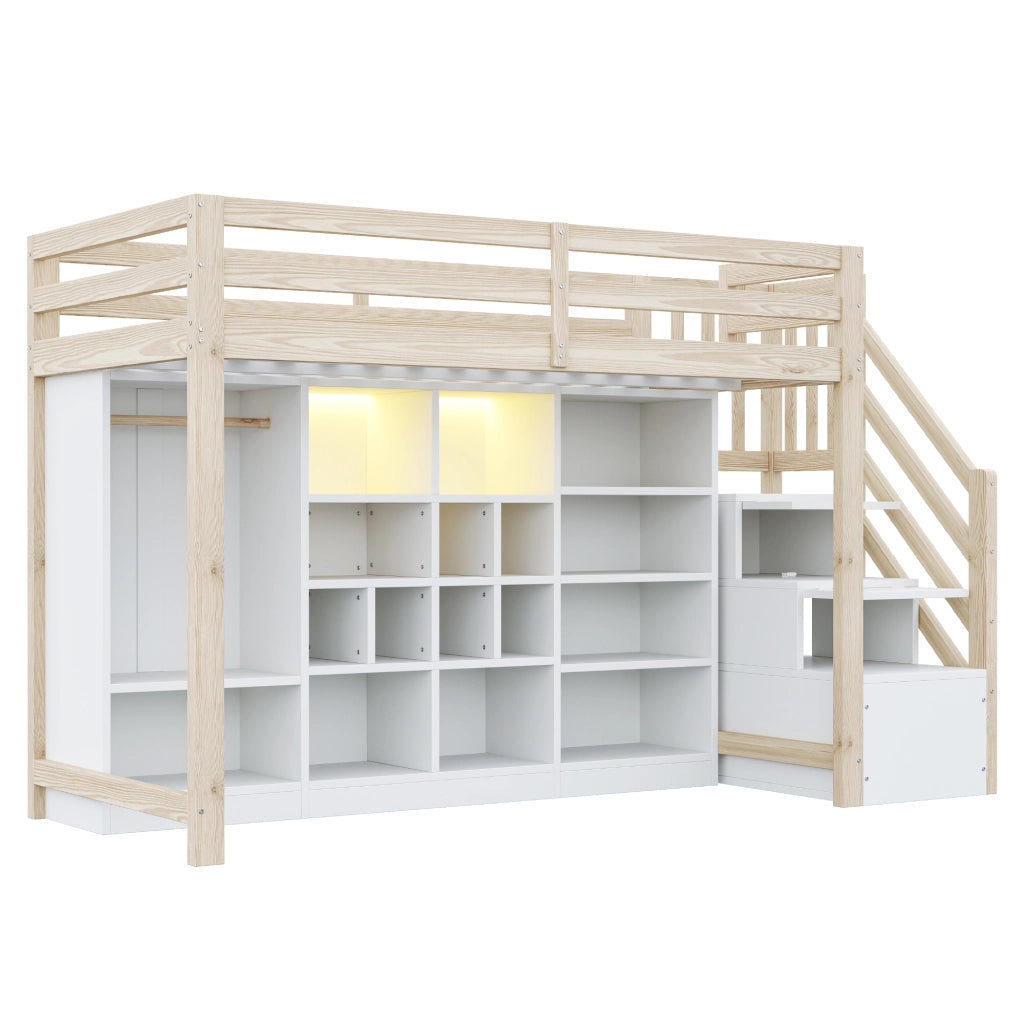Letto a soppalco 90 x 200 cm con armadio; ripiani e scala contenitore; legno e bianco