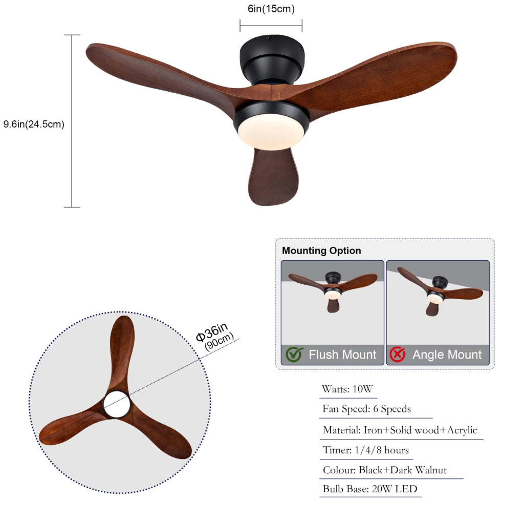 Ventilatore da soffitto 36 pollici con luce LED, telecomando e 3 pale in legno