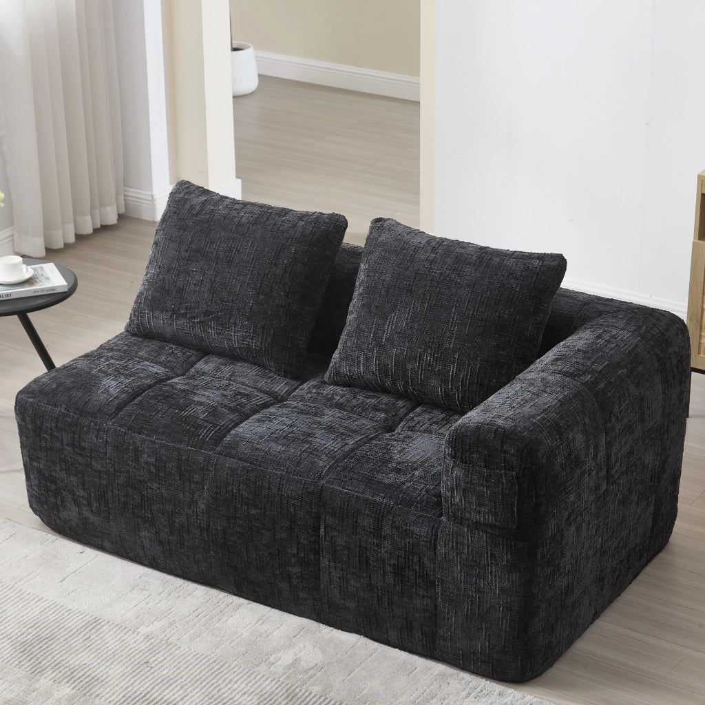 Divano 2 Posti con Tasche laterali e Cuscino, Seduta Ergonomica, in Ciniglia, Nero