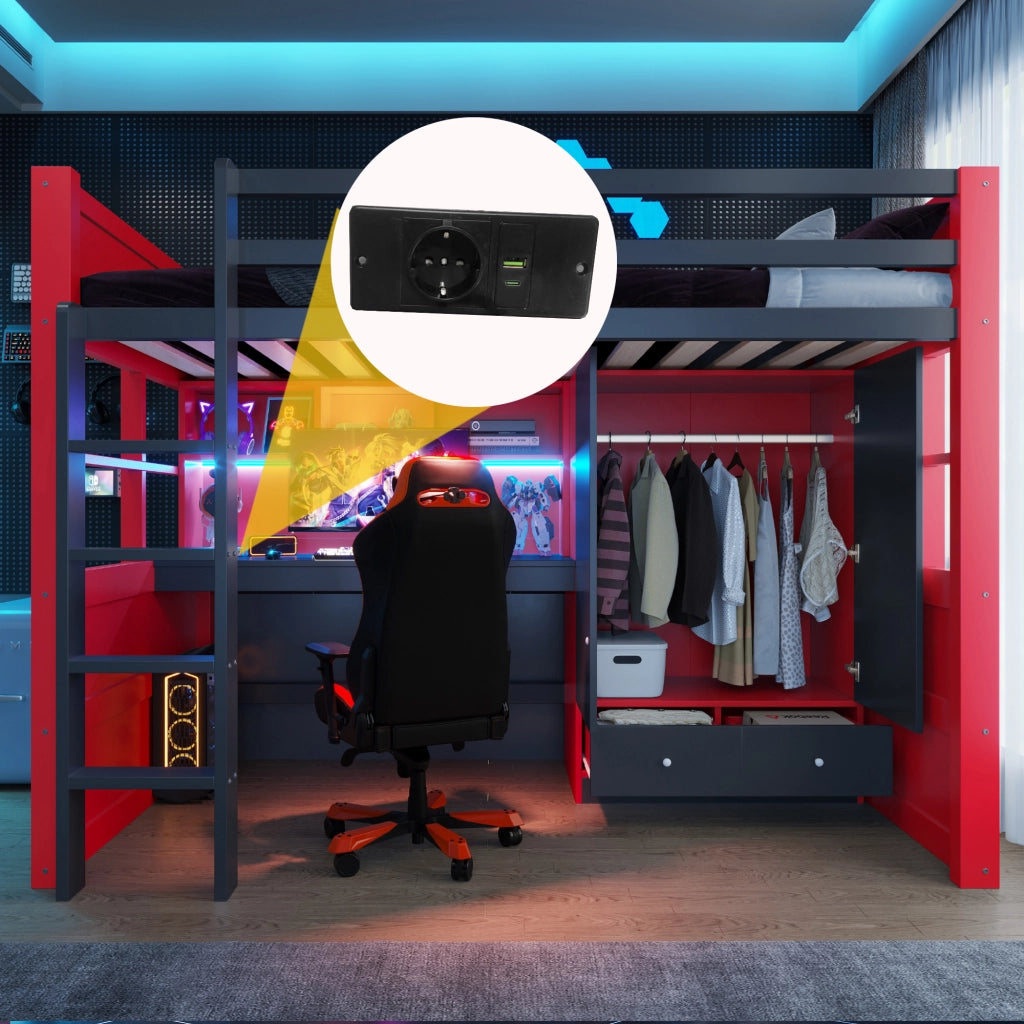 Letto a Soppalco 90x200 cm, Singolo - LED, prese elettriche, armadio e cassetti
