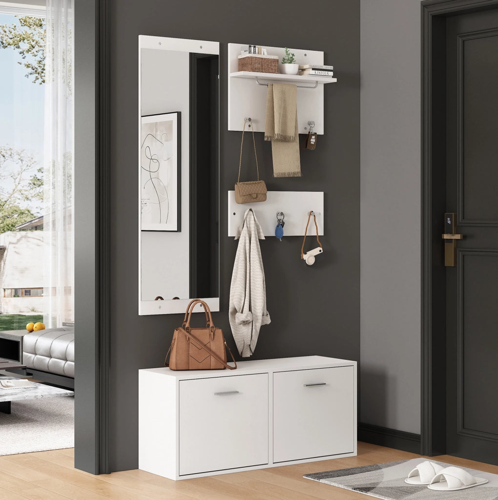 Set guardaroba da ingresso 4 pezzi con specchio e scarpiera; bianco