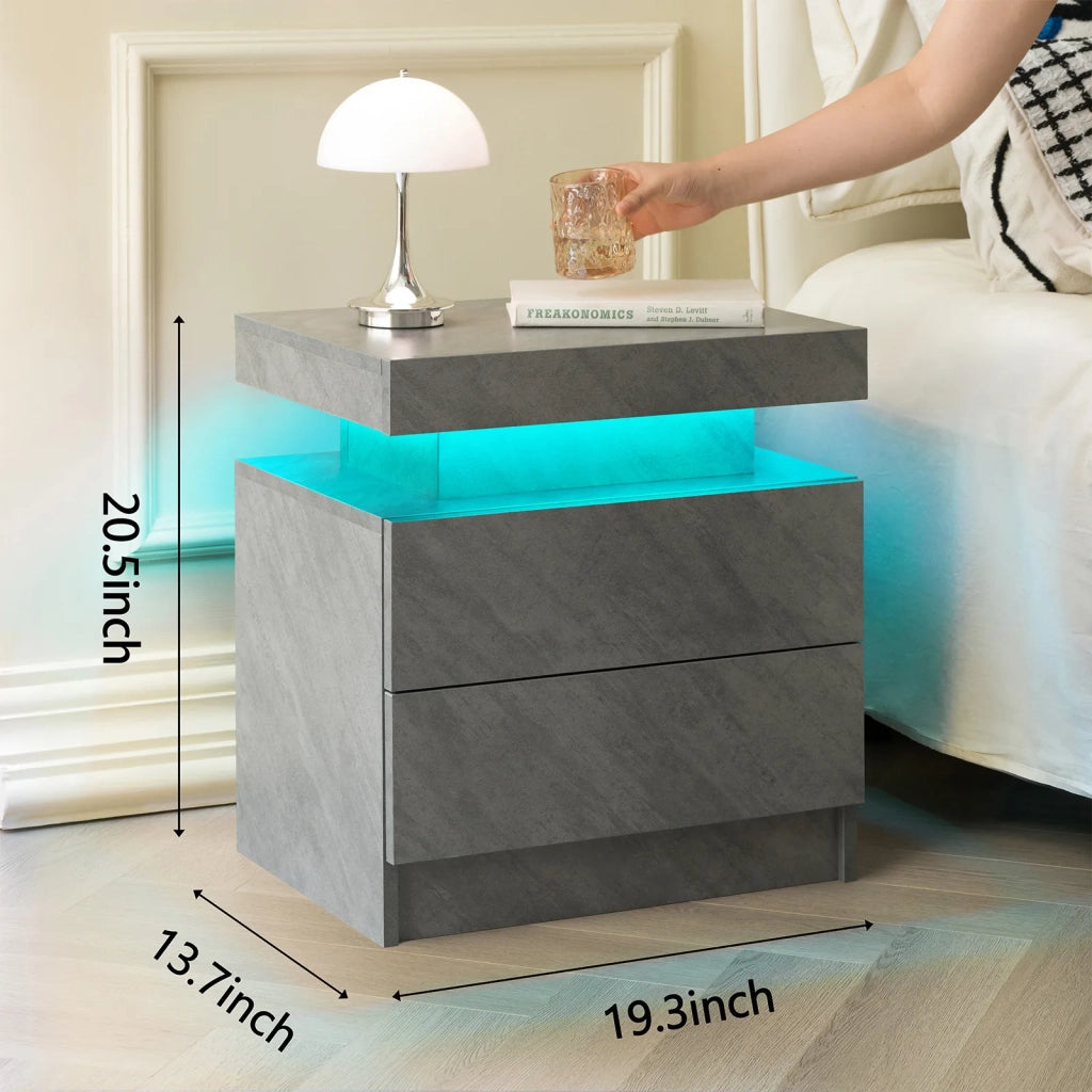 Comodino moderno con 2 cassetti e luci LED integrate, grigio scuro