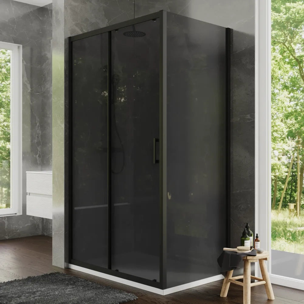 Box doccia 80x125 cm scorrevole profili nero opaco vetro temperato 6mm fumè anticalcare h198 | Tahiti
