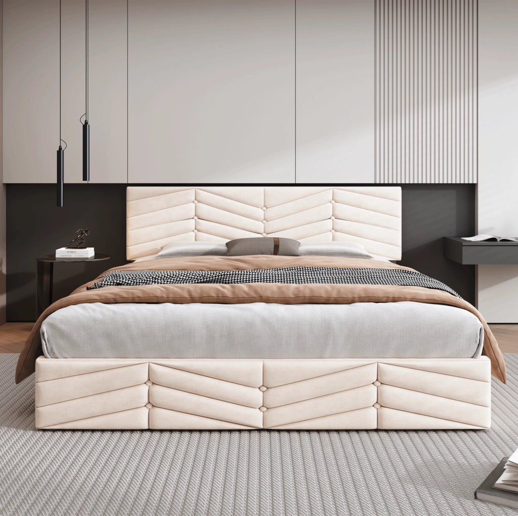Letto imbottito 140 × 190 cm con rete a doghe e testiera regolabile in velluto beige