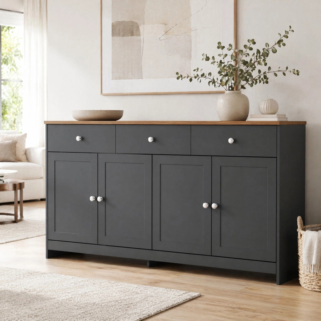 Credenza rustica da 160 cm con 3 cassetti; 4 ante e ripiani regolabili; nero grigio e legno