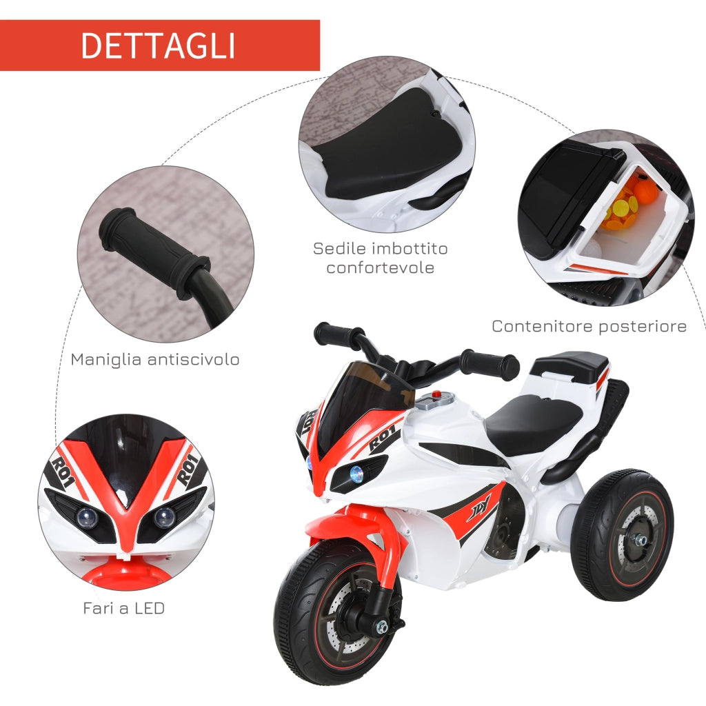 Moto Giocattolo a 3 Ruote per Bambini 18-36 Mesi, Motocicletta Cavalcabile Stile Polizia con Musica e Fari Senza Pedali in PP e Metallo Bianco e Rosso