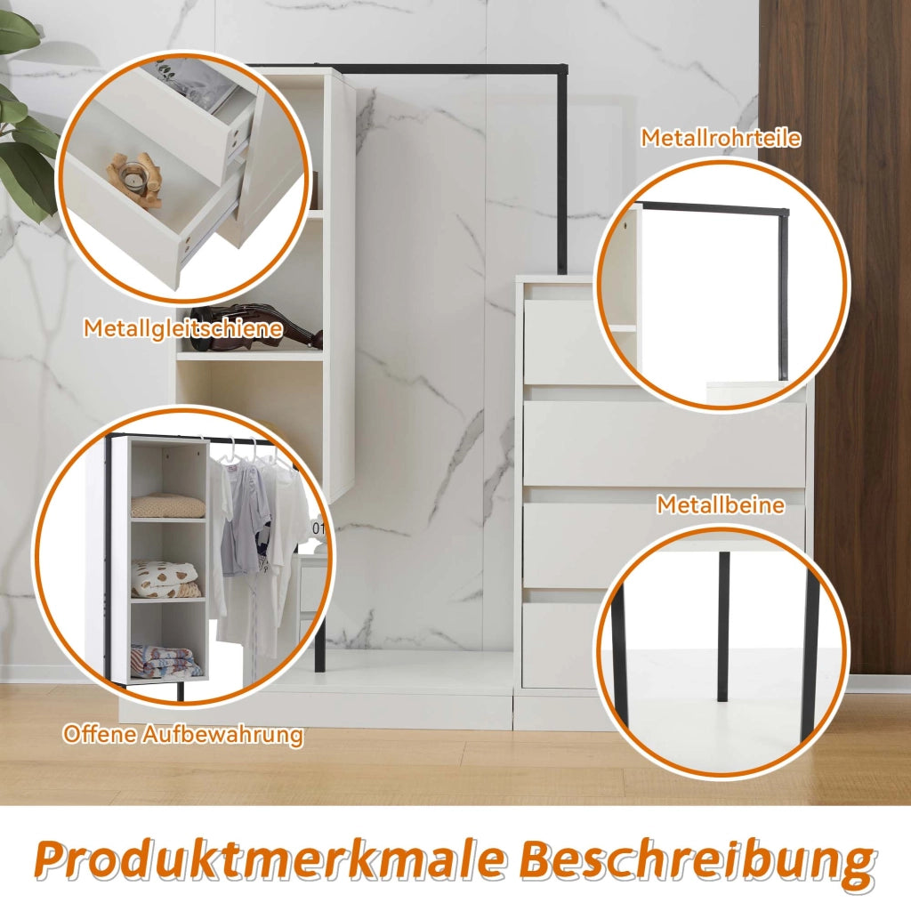 Armadio contenitore 140 x 40 x 135 cm, 4 cassetti + 3 ripiani, bianco, camera