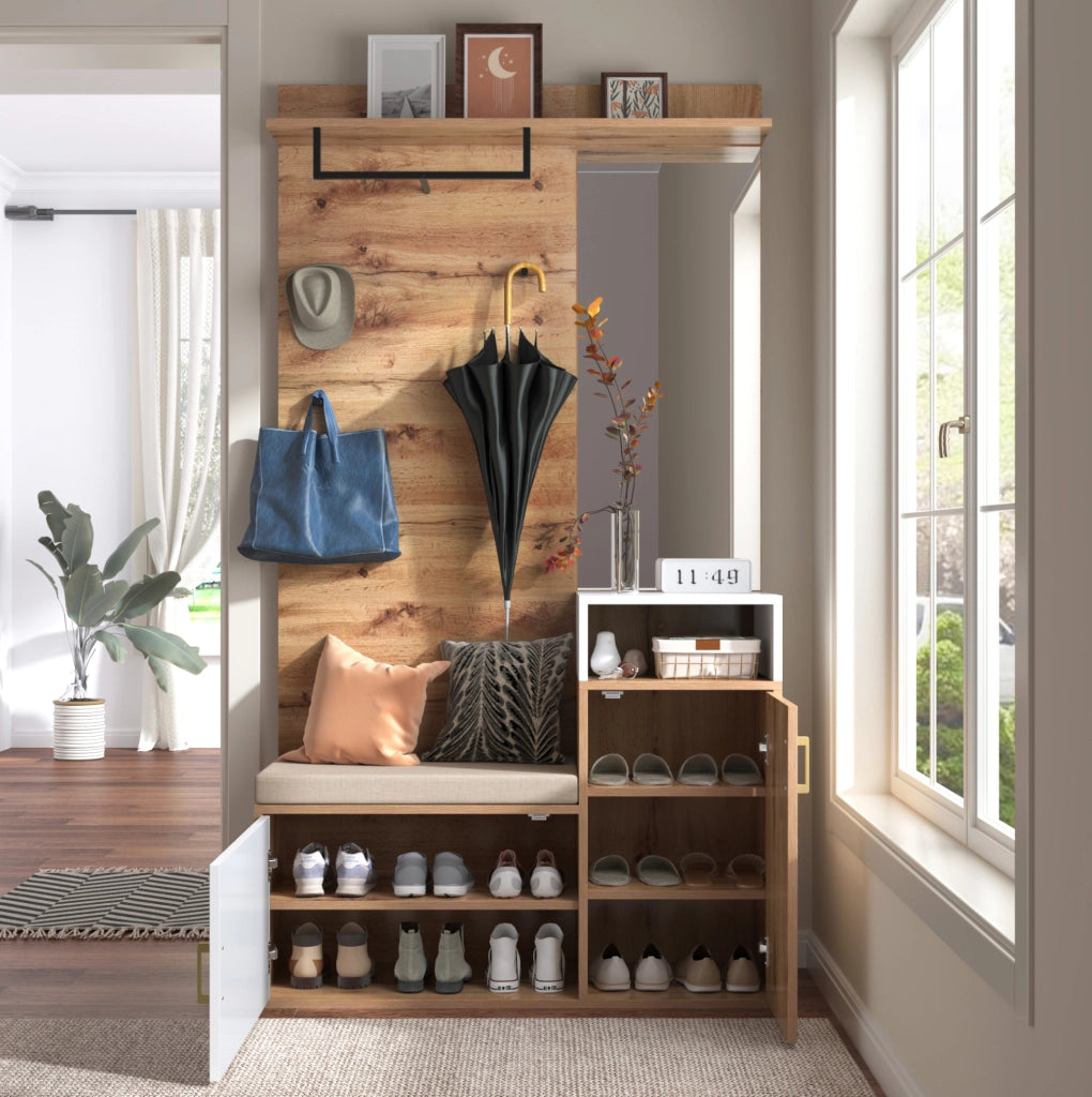 Set ingresso bianco e legno con specchio, panca, scarpiera e appendiabiti 105x40x190,5 cm