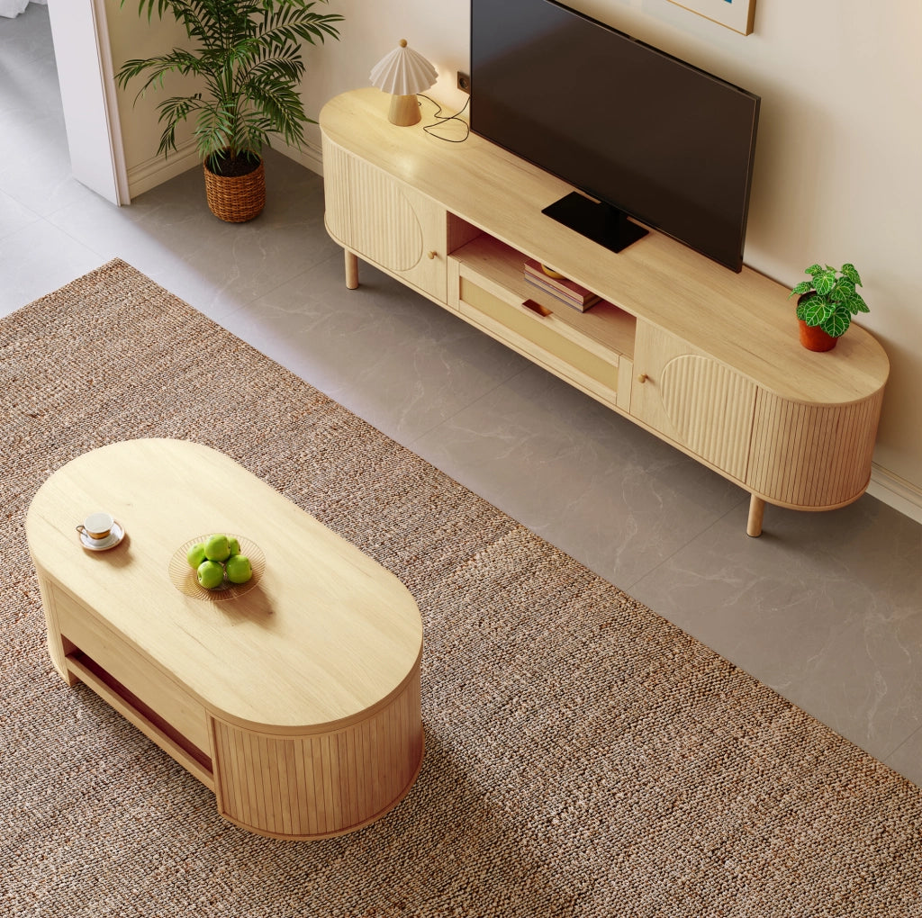 Set soggiorno con tavolino regolabile e mobile TV 175 cm in MDF effetto legno naturale