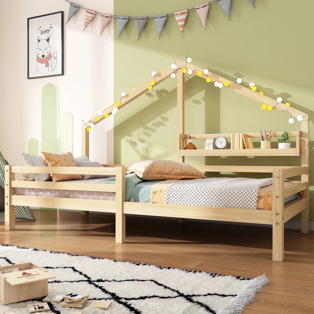 Letto per bambini 90 × 200 cm con barriera; mensola e senza materasso; in pino; stile scandinavo; finitura naturale