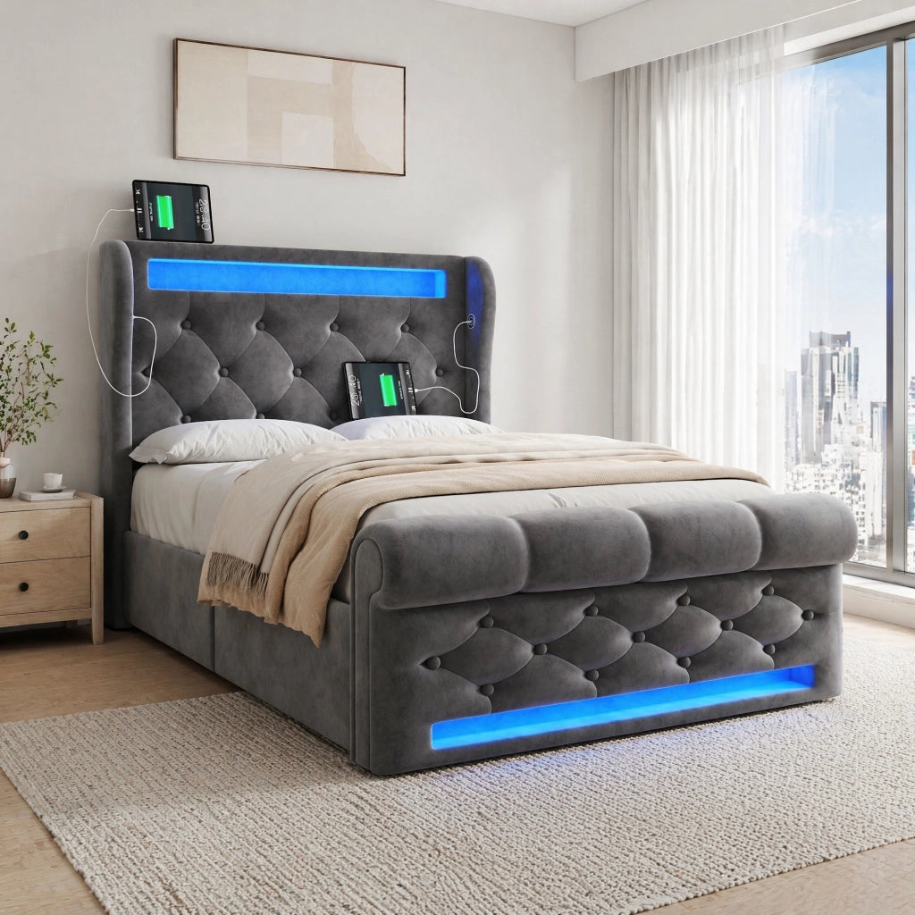 Letto singolo con contenitore; LED; USB e Type-C 90x200 cm in velluto grigio