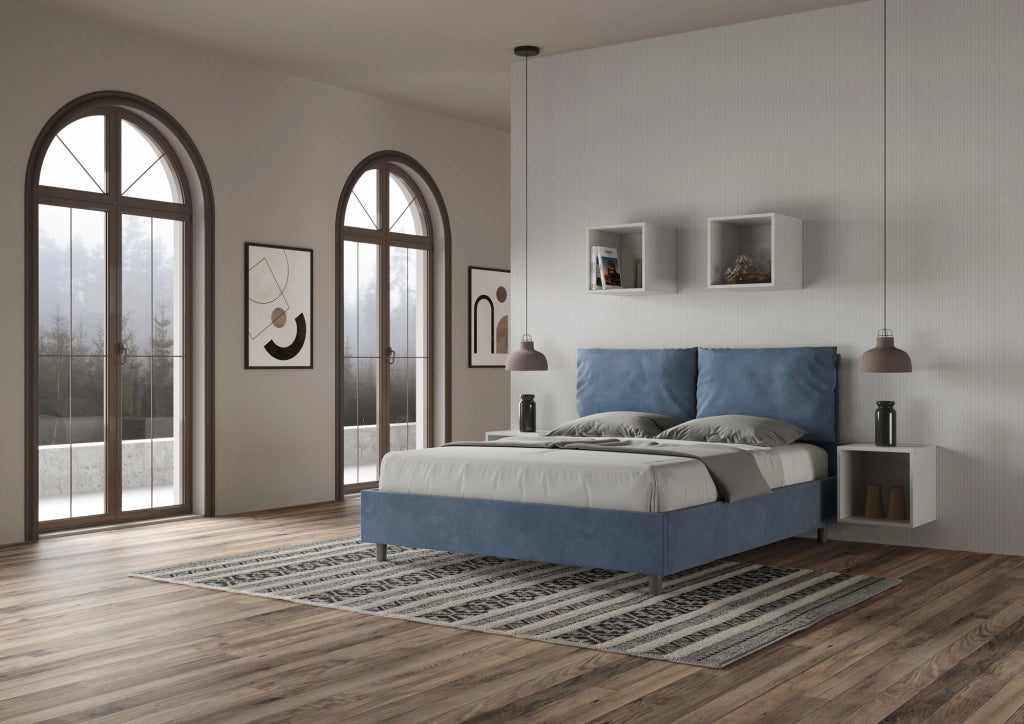 BS COM Letto queen size contenitore imbottito 150x210 microfibra blu