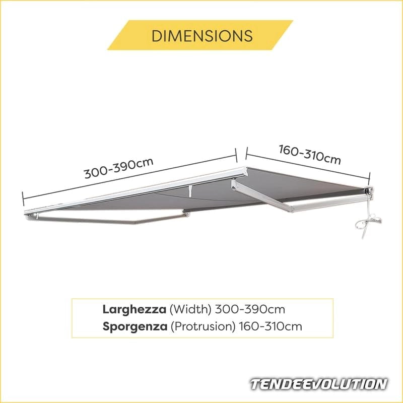 Tenda da Sole a Bracci Estensibili Tempotest Para', col. Arancione 19, Largh. 3,9m x Sporgenza 2.85m con Mantovana Ondulata - Arganello Destro