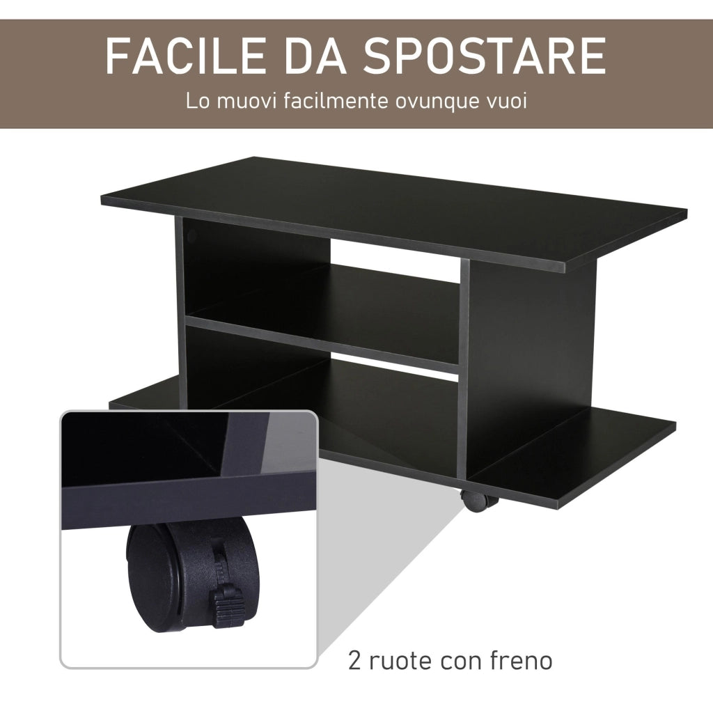 Mobile TV Moderno con Ripiani. Mobiletto Porta TV da 42" con Ruote Girevoli a Freni. 2 Piccolo Ripiani Laterali per Soggiorno e Camera da Letto. 80x40x40 cm. Nero