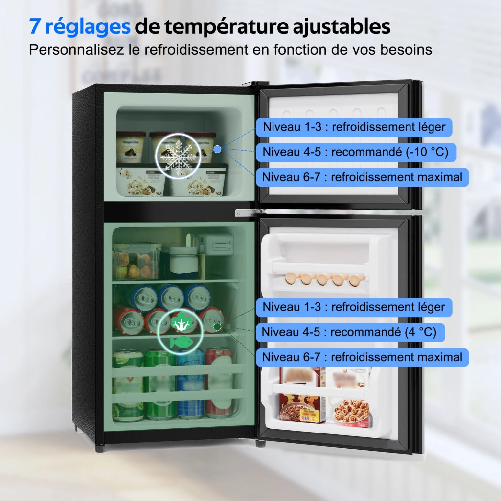 Minifrigo 60 litri con congelatore da 22 litri; porta in vetro; LED; nero