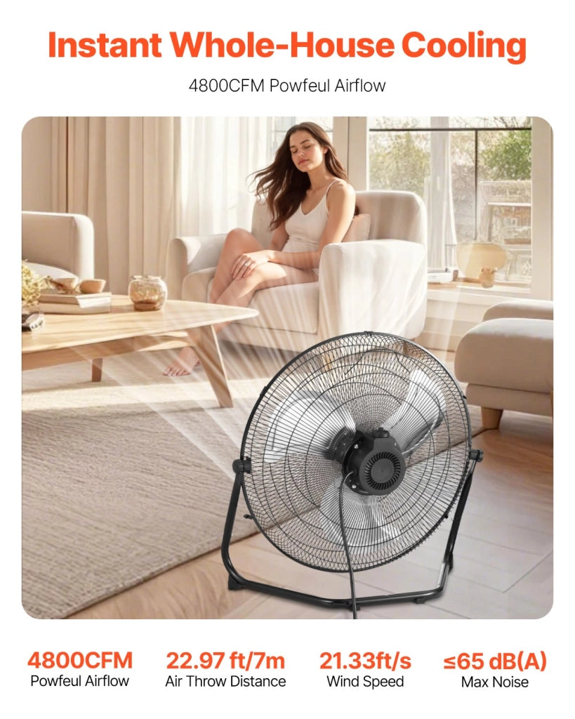 Ventilatore da Pavimento, 3 Velocità, Ventilatore Industriale ad Alta Velocità da 508 mm 135,92 m³/min Inclinazione Regolabile a 360° per Casa, Garage