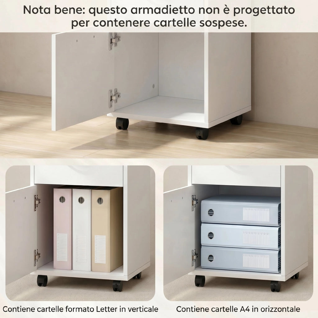 Cassettiera da Ufficio con Ruote a Freno Schedario Portadocumenti A4 Mobiletto Salvaspazio con Cassetto e Ripiano Aperto Bianco 40x35x60 cm