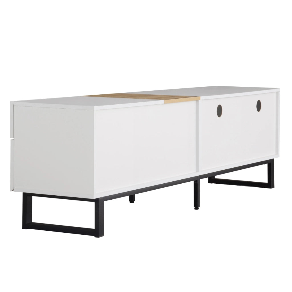 Mobile TV 2 ante e 2 cassetti con 2 vani aperti per soggiorno in MDF bianco effetto legno con piedini in metallo nero