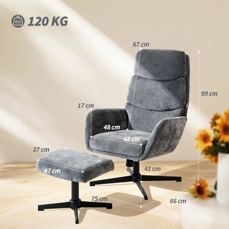 Poltrona relax grigia con poggiapiedi e base in metallo