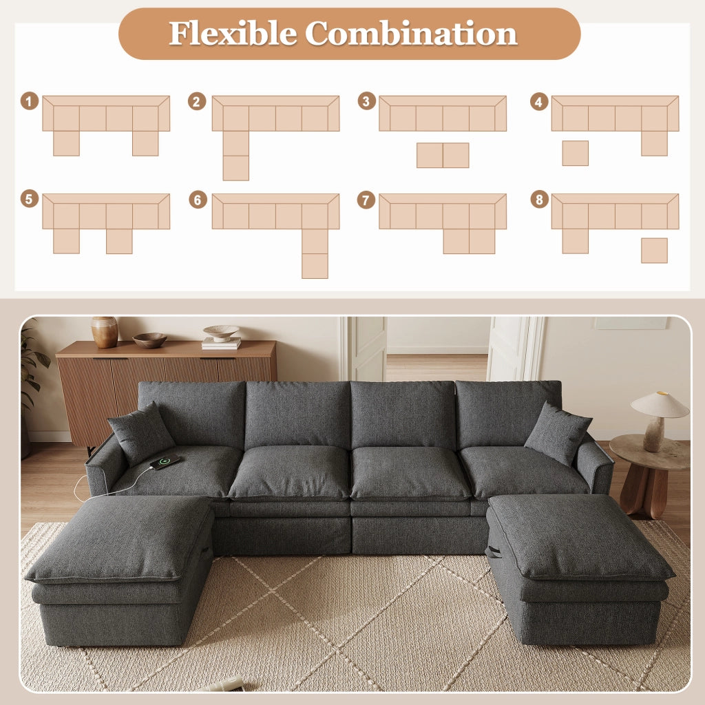 Divano modulare 6 posti configurabile a U o L con 2 pouf contenitore porte USB e Type-C in cotone e lino grigio