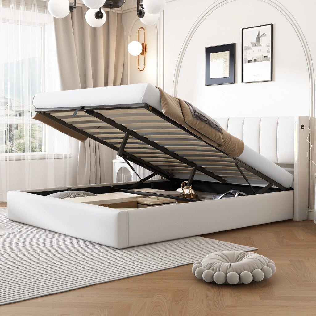 Letto imbottito 140 x 190 cm con LED, USB, vano contenitore e testiera regolabile