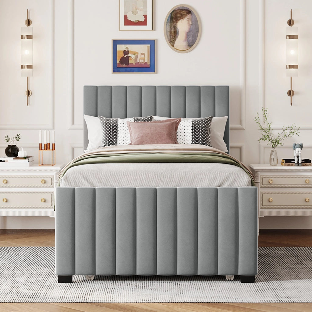 Letto singolo imbottito 90 × 190 cm con letto estraibile in velluto grigio rete a doghe