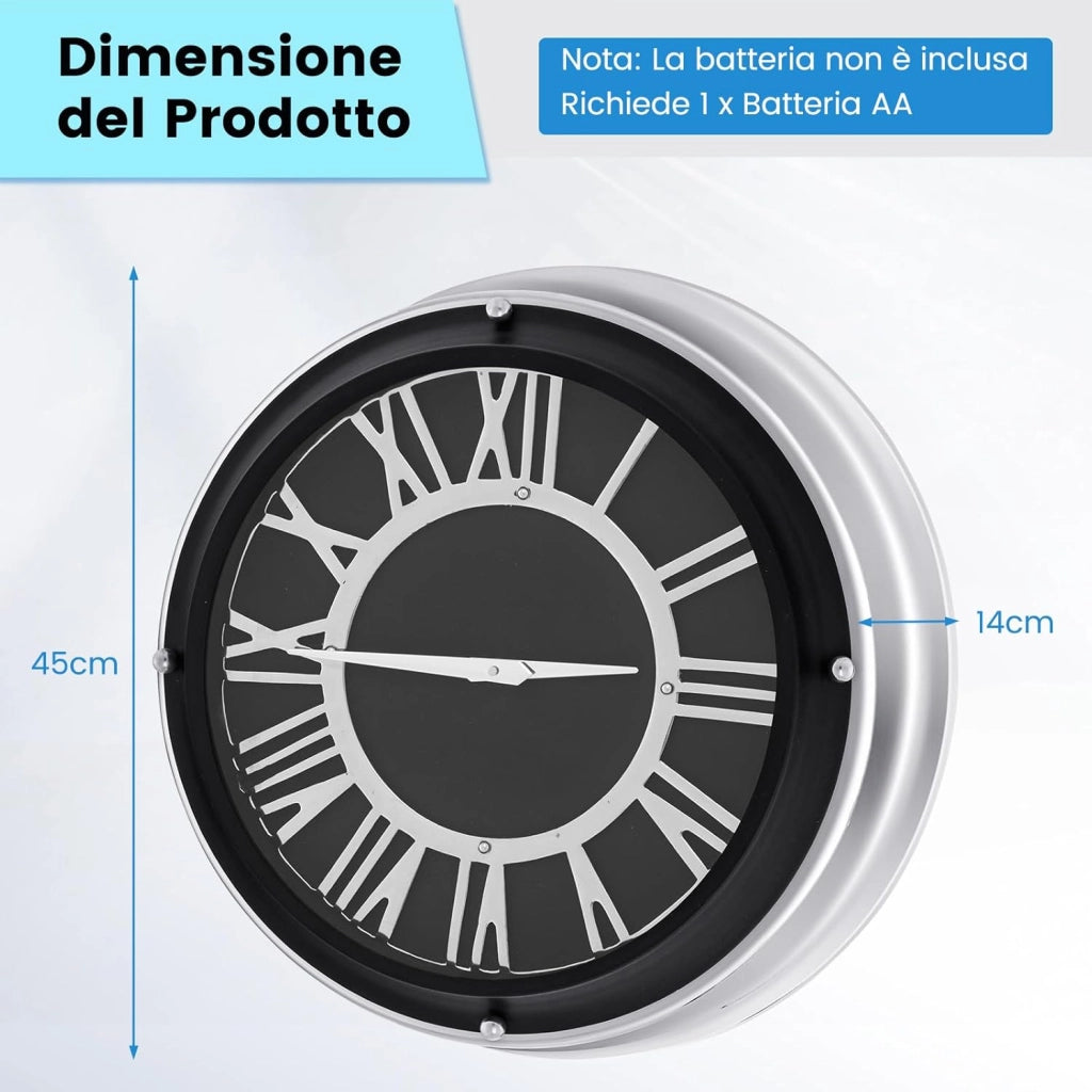 Orologio da Parete 45 cm, Orologio Silenzioso con Numeri Romani, Copertura in Vetro, Orologio Moderno Decorativo per Soggiorno Camera da Letto Ufficio (Stile 2 L)