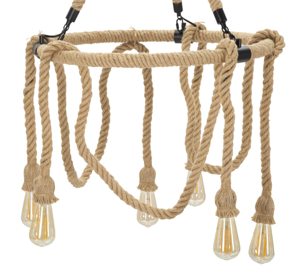 Lampadario Rope Circle Ø64x90 cm in Ferro e Corda Marrone e Nero