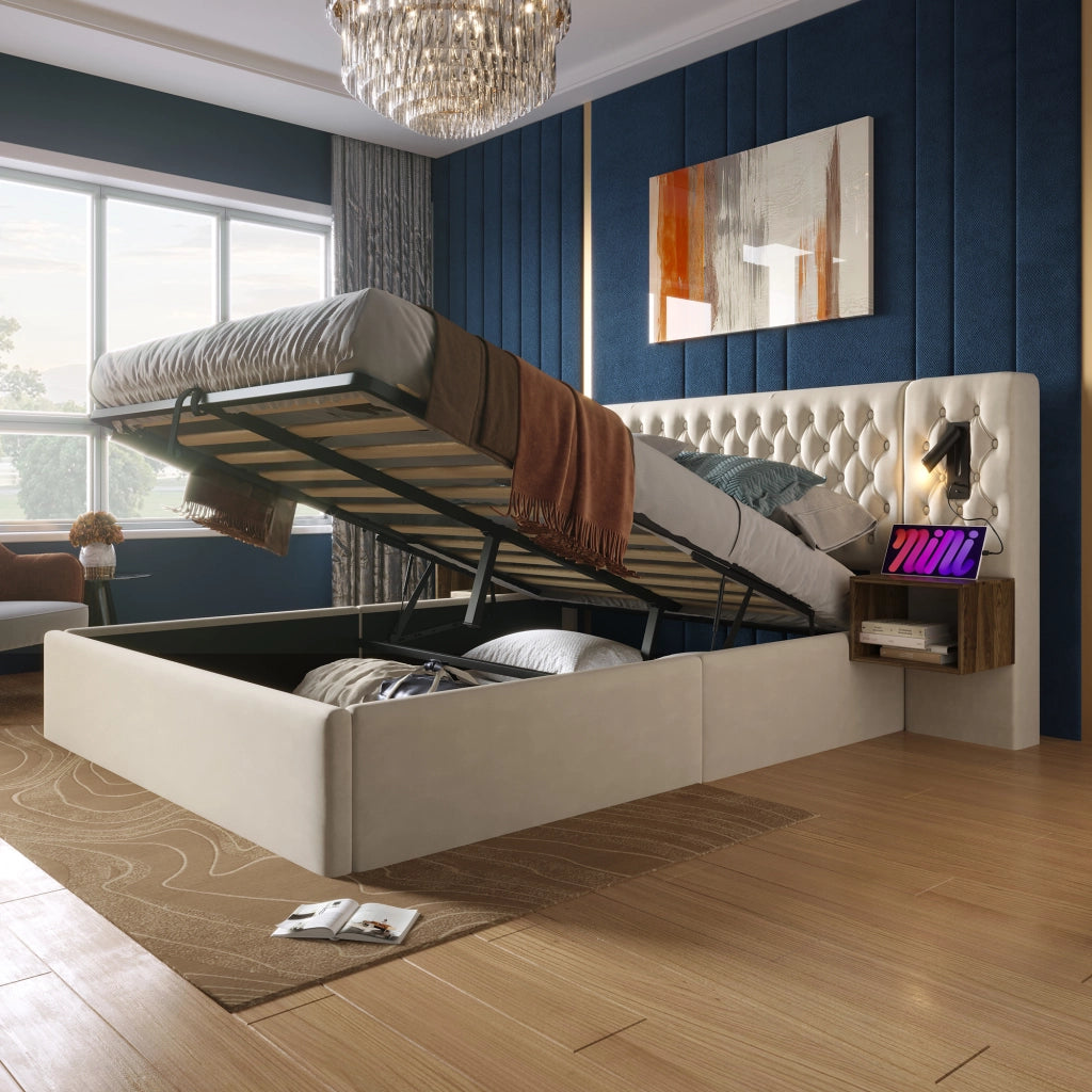 Letto matrimoniale contenitore beige 160×200 cm con 2 comodini