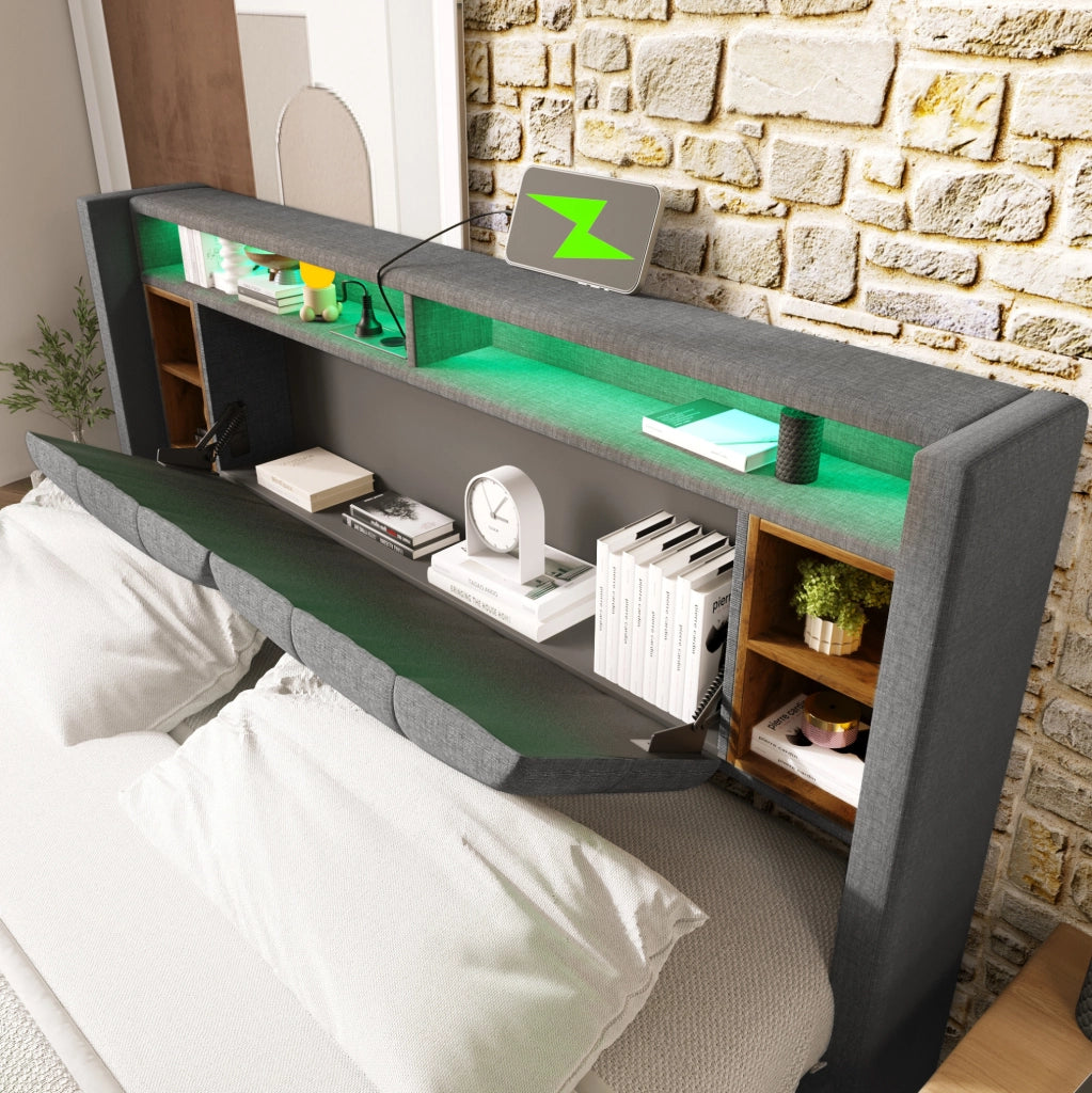 Letto matrimoniale 160x200 cm grigio con testiera contenitore, LED, USB e prese