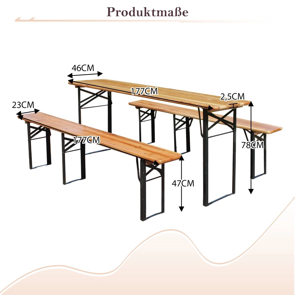 Set tavolo e panche da giardino 3 pezzi pieghevole in legno naturale con superficie verniciata