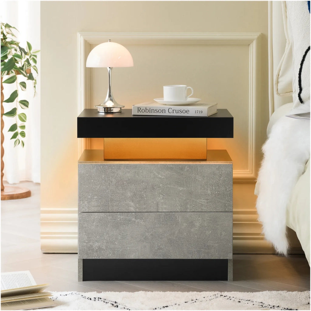 Comodino moderno con 2 cassetti, luci LED integrate, grigio