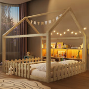 Letto a Casetta Bambini 140x190 cm LEMONMAX a Terra con Nicchie, LED, Sponde Rialzate, Struttura Pino MDF Naturale, Portata 200 kg, Salvaspazio