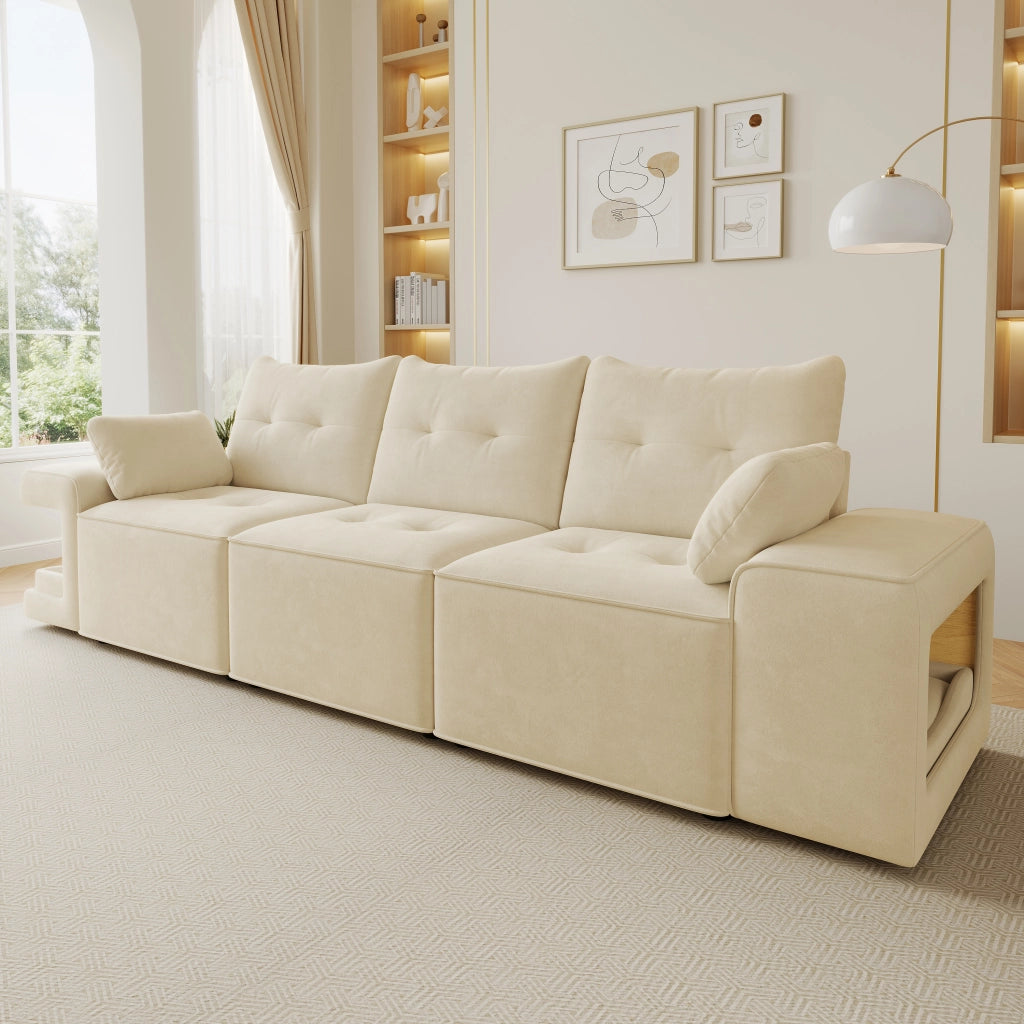 Divano modulare 3 posti con vani contenitore e nicchie imbottite per animali in velluto beige con 2 cuscini