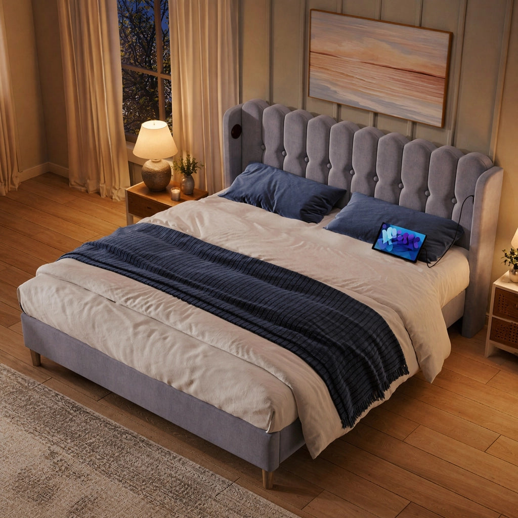 Letto imbottito 140x200 cm con rete a doghe e ricarica USB e USB-C in lino grigio