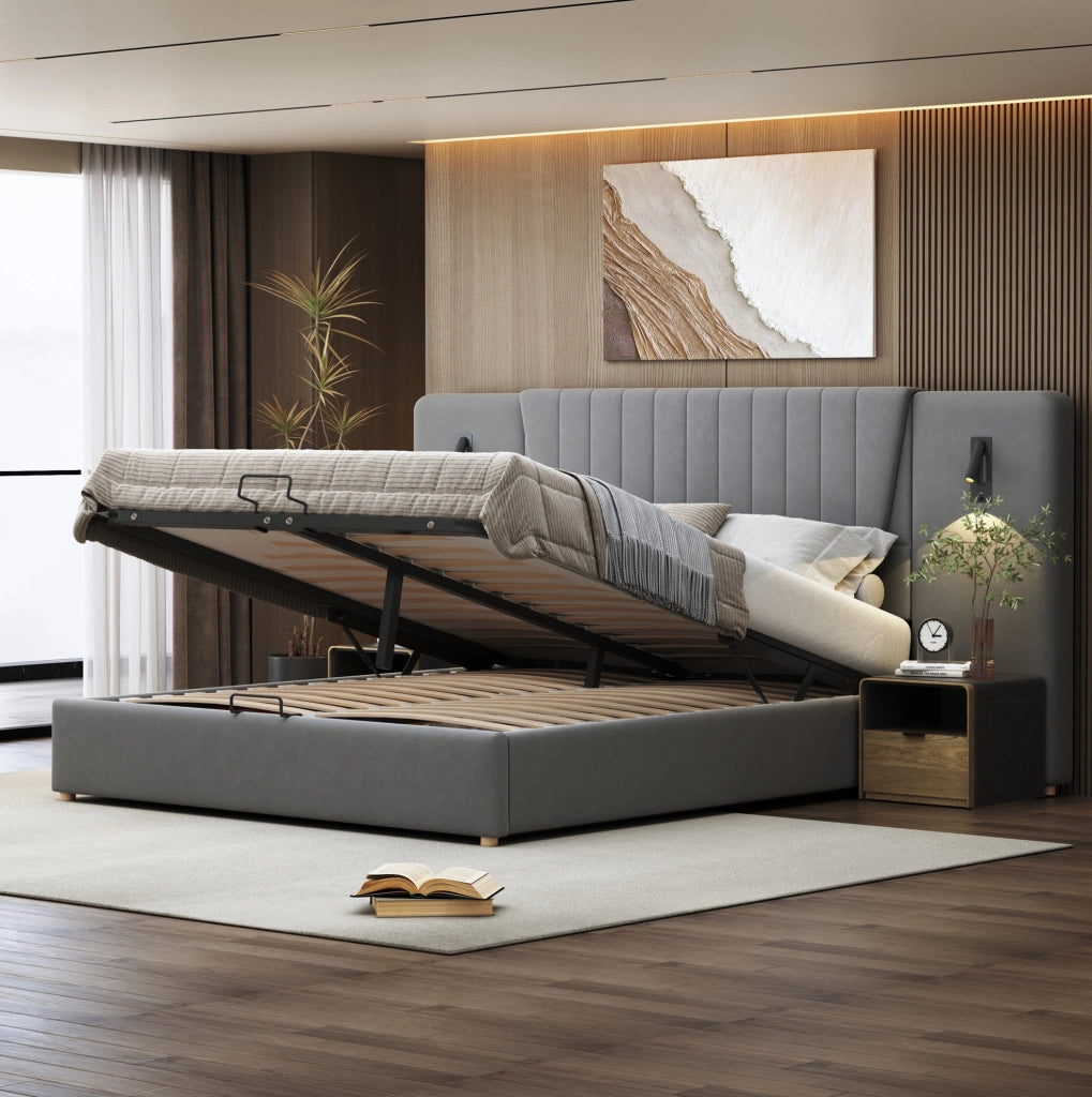 Letto matrimoniale imbottito 180x200 cm con schienale extra lungo, lampada da lettura orientabile e porta USB, spazio contenitore idraulico, tessuto in velluto grigio