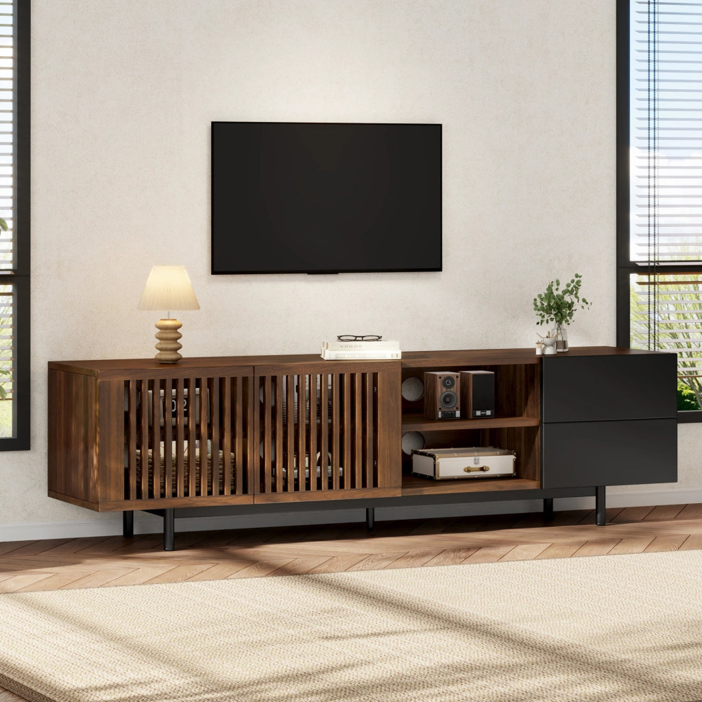 Mobile TV 160 × 38 × 50 cm in MDF; 2 ante e 2 cassetti; noce e nero