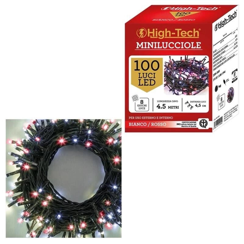 HIGH-TECH FILO A BATTERIA CON 100 LED BIANCO E ROSSO DA 4,5 METRI