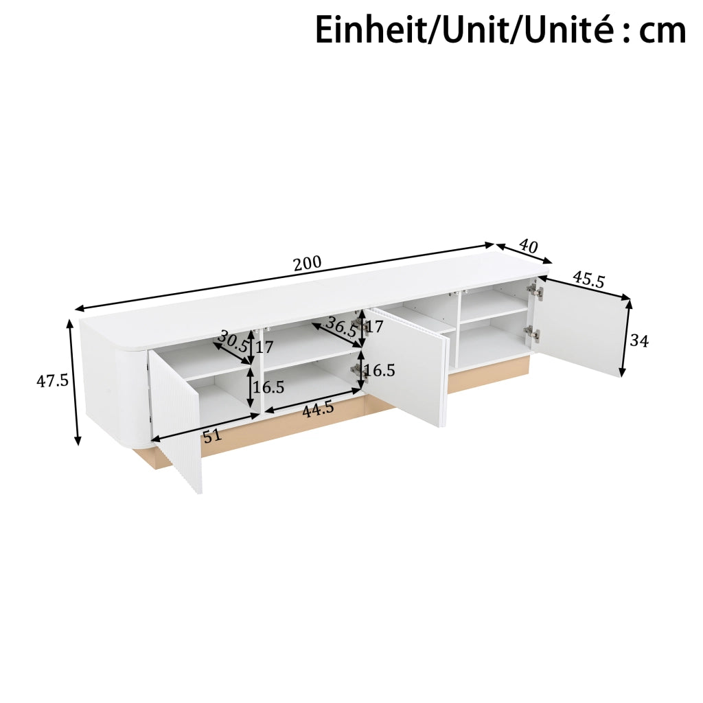 Mobile TV 200x40x47.5 cm con 4 ante e ripiani regolabili in MDF bianco