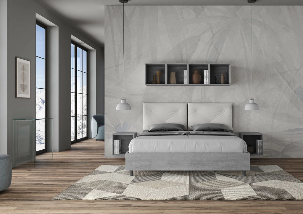 BS COM Letto matrimoniale contenitore 160x190 Cemento cuscini similpelle bianco