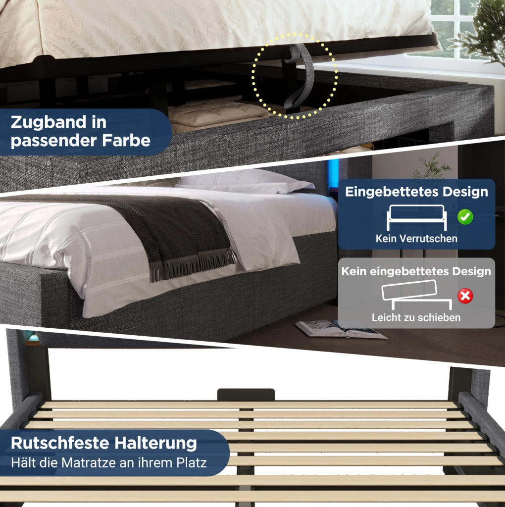 Letto contenitore imbottito 160 × 200 cm con LED; USB e USB-C; lino grigio
